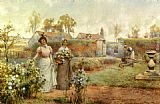 Picking Canvas Paintings - A Lady And Her Maid Picking Chrysanthemums